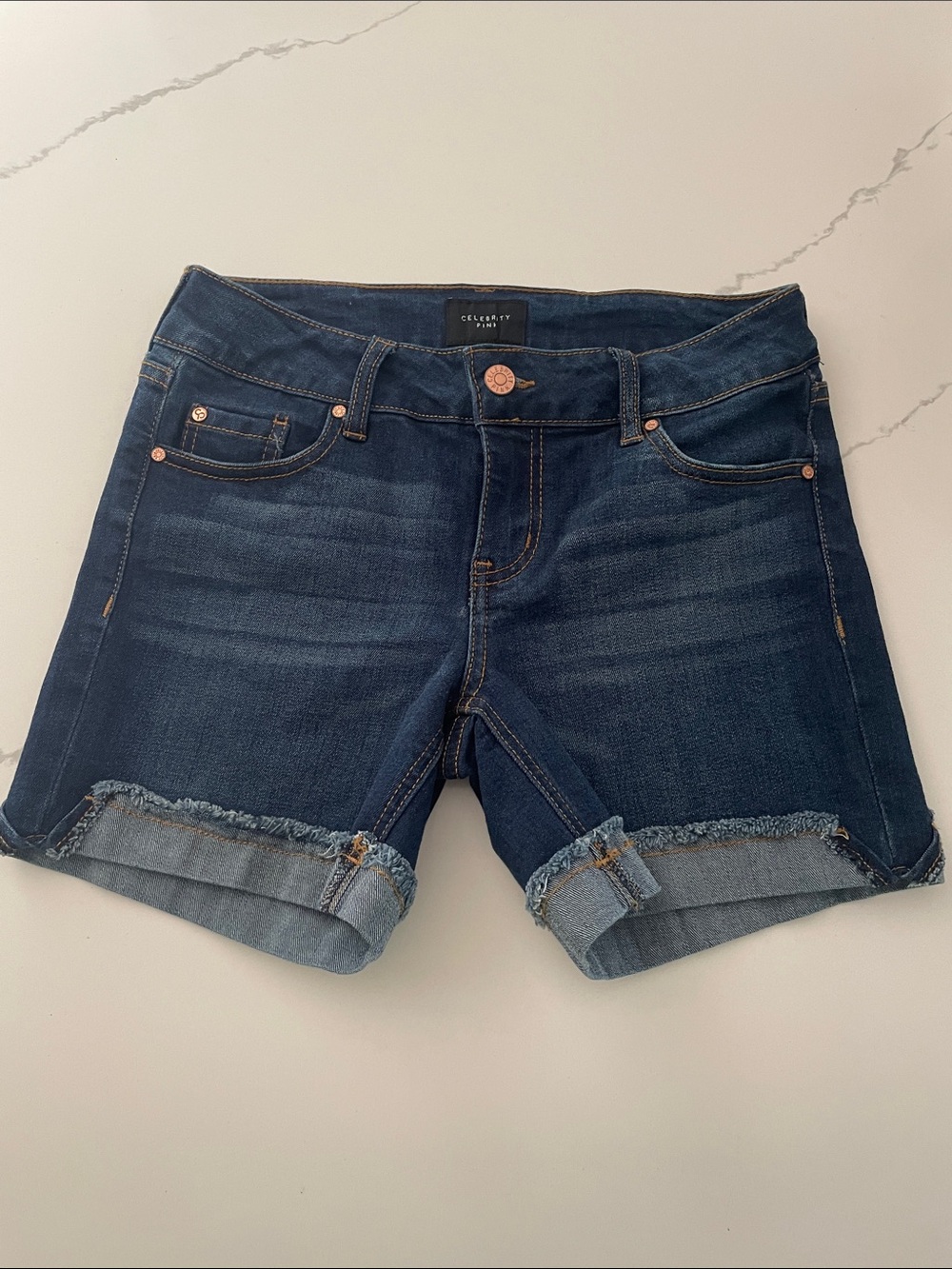 Dark Wash Denim Rolled Hem Shorts - Navy Blue
